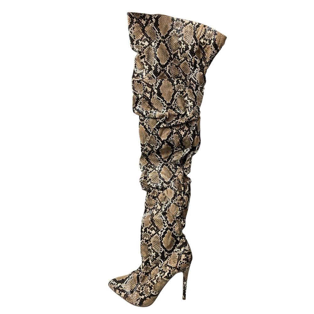 Liliana Brown Snakeskin Leather Pointed Toe Stiletto Heels Slounchy Tall Boots 8